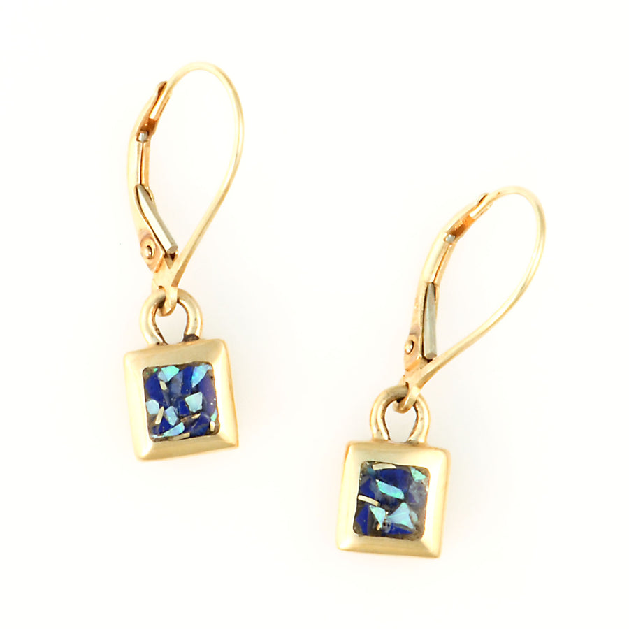 14kt Gold Square Opal Lapis Lazuli Dangle Inlay Earrings