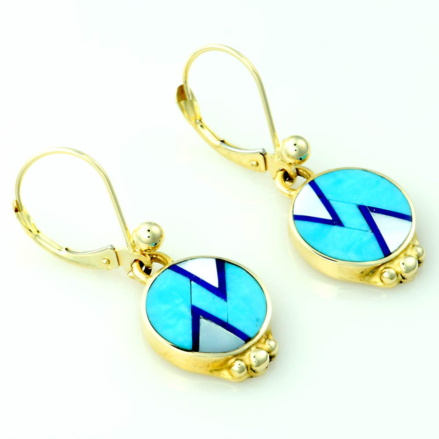 14kt Gold Turquoise Mother of Pearl Lapis Inlay Earrings