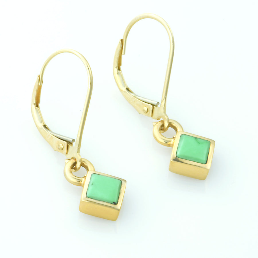 14kt Gold Gaspeite Square Dangle Inlay Earrings