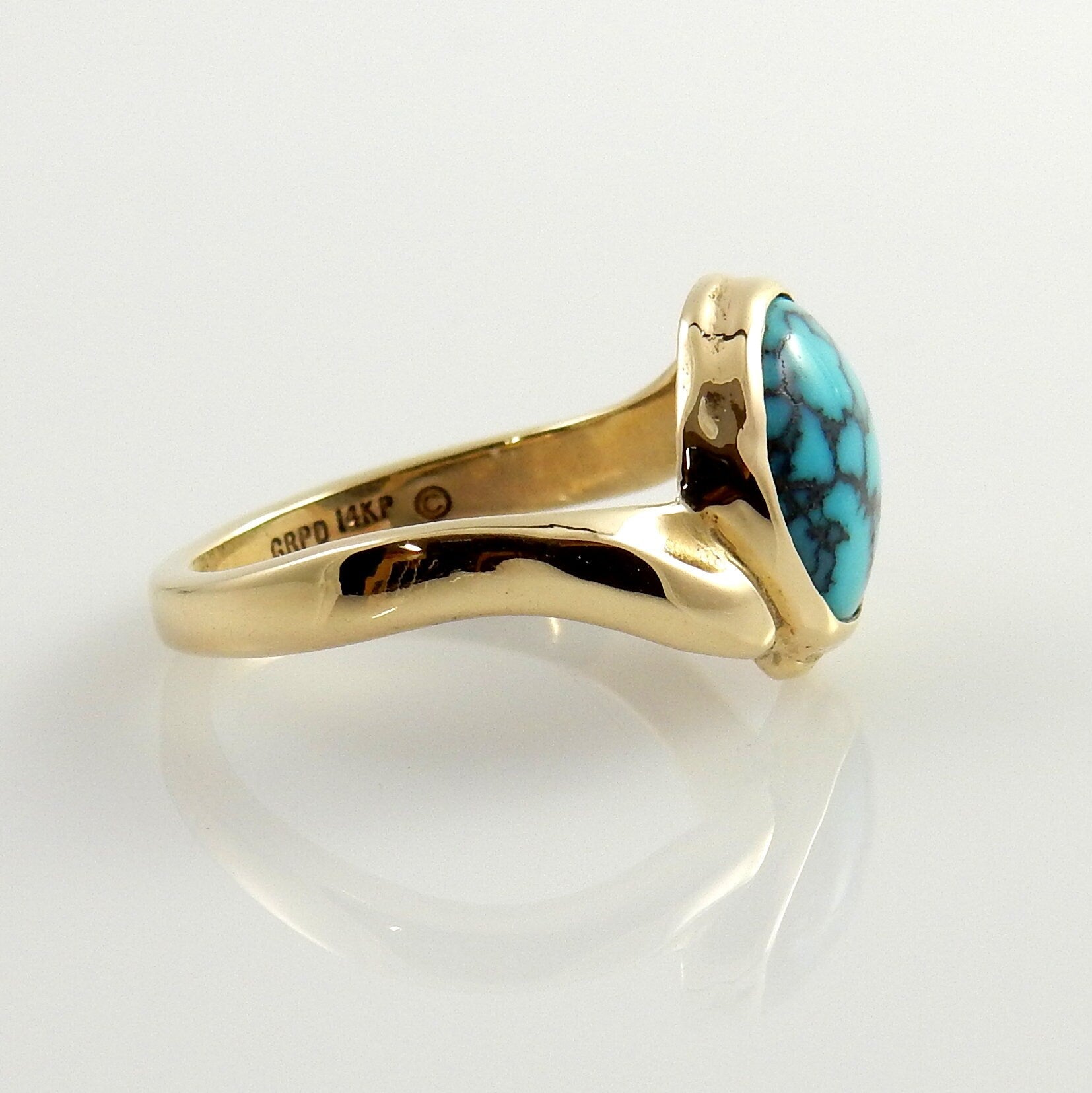 Nice 14kt yellow gold blue turquoise inlay ring, spiderweb blue turquoise 14kt yellow gold ring, gold turquoise nice unique ring size 7 - DeSantis