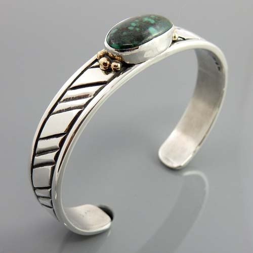 Silver handcrafted green spiderweb turquoise cuff bracelet, sterling two toned turquoise cuff bracelet, sterling silver turquoise bracelet - DeSantis