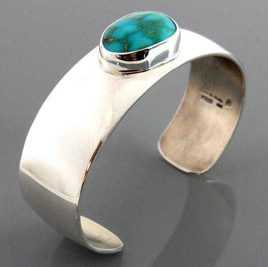 Silver handmade modern royston turquoise cuff bracelet, Simple sterling silver turquoise bracelet, sterling handmade unique cuff bracelet - DeSantis