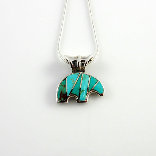Silver inlay blue turquoise bear pendant, inlay turquoise silver bear pendant, unique silver blue turquoise bear pendant - DeSantis