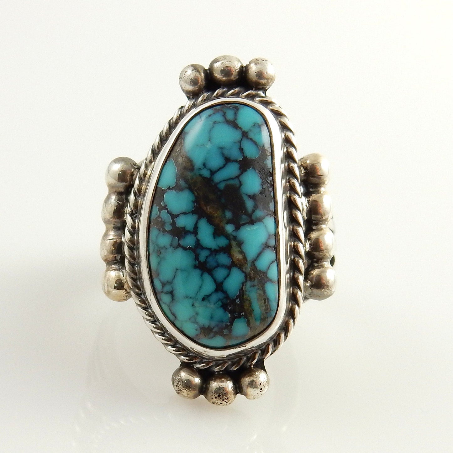 Southwestern Handmade Blue Spiderweb Turquoise Sterling Silver Ring, Unique Handmade Blue Turquoise Ring, Turquoise Unique Ring Size 8.5 - DeSantis