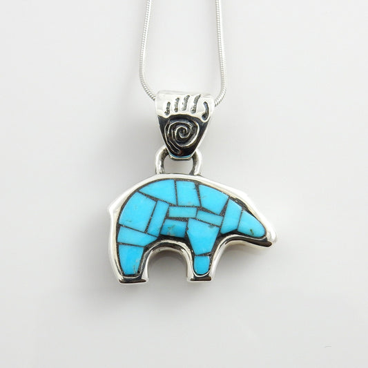 Sterling Silver Blue Turquoise Mosaic Inlay Bear Pendant - DeSantis