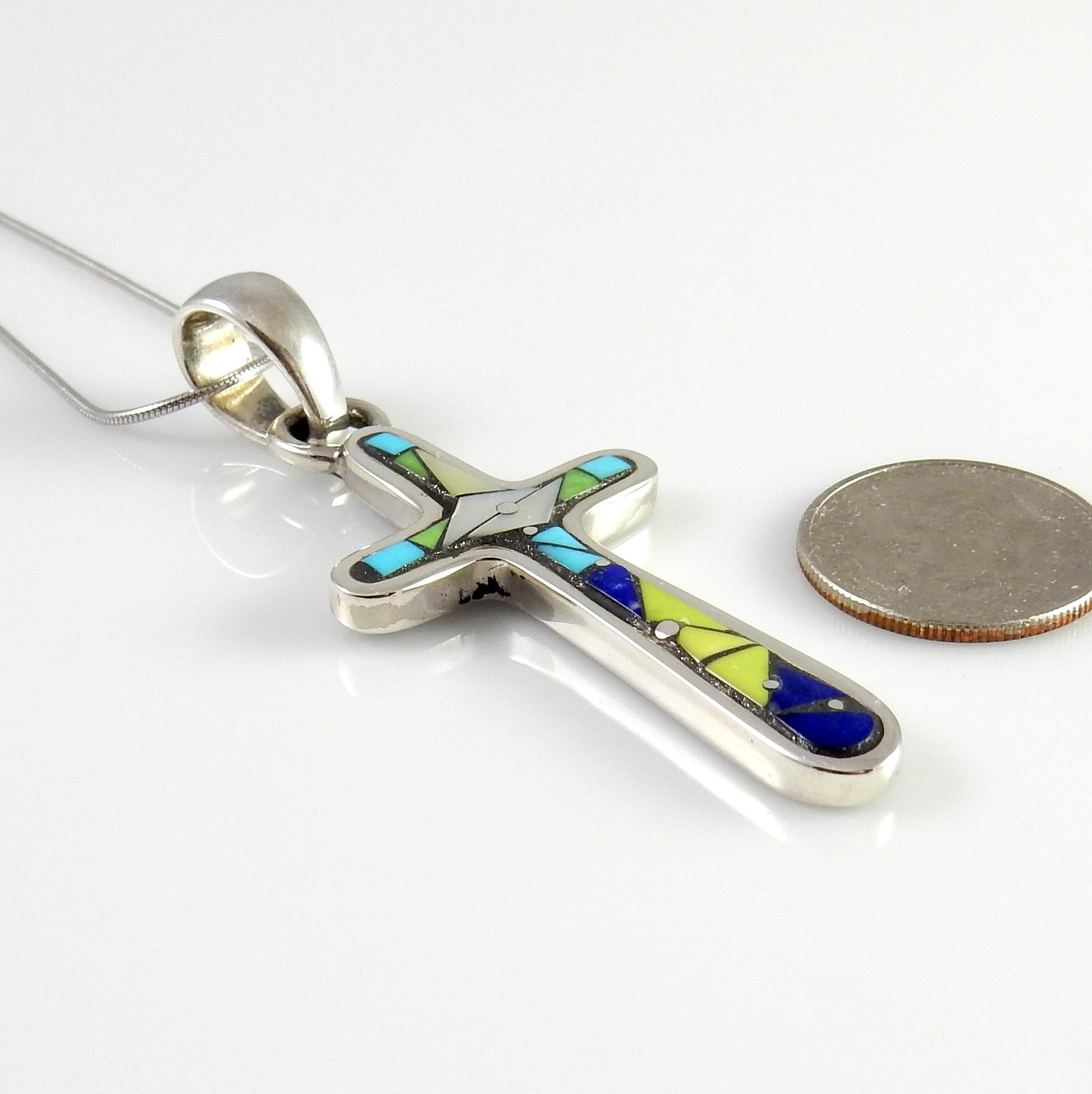 Sterling Silver Mosaic Turquoise Lapis Inlay Cross Pendant - DeSantis