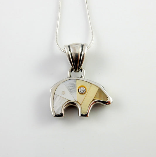 Sterling silver mother of pearl diamond inlay bear pendant, unique silver mother of pearl diamond bear pendant, silver inlay bear pendant - DeSantis