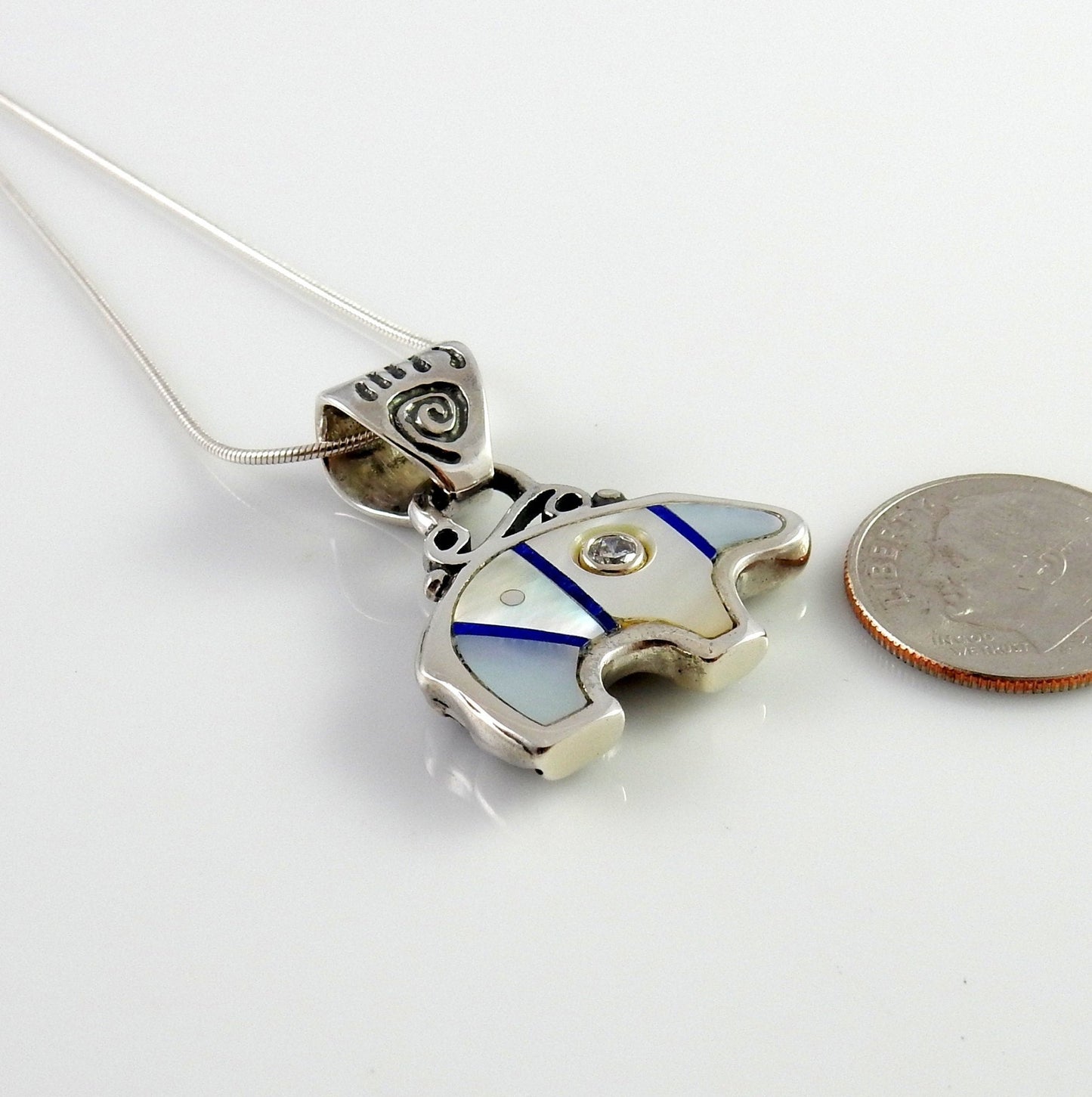 Sterling Silver Mother of Pearl Lapis Diamond Inlay Bear Pendant - DeSantis