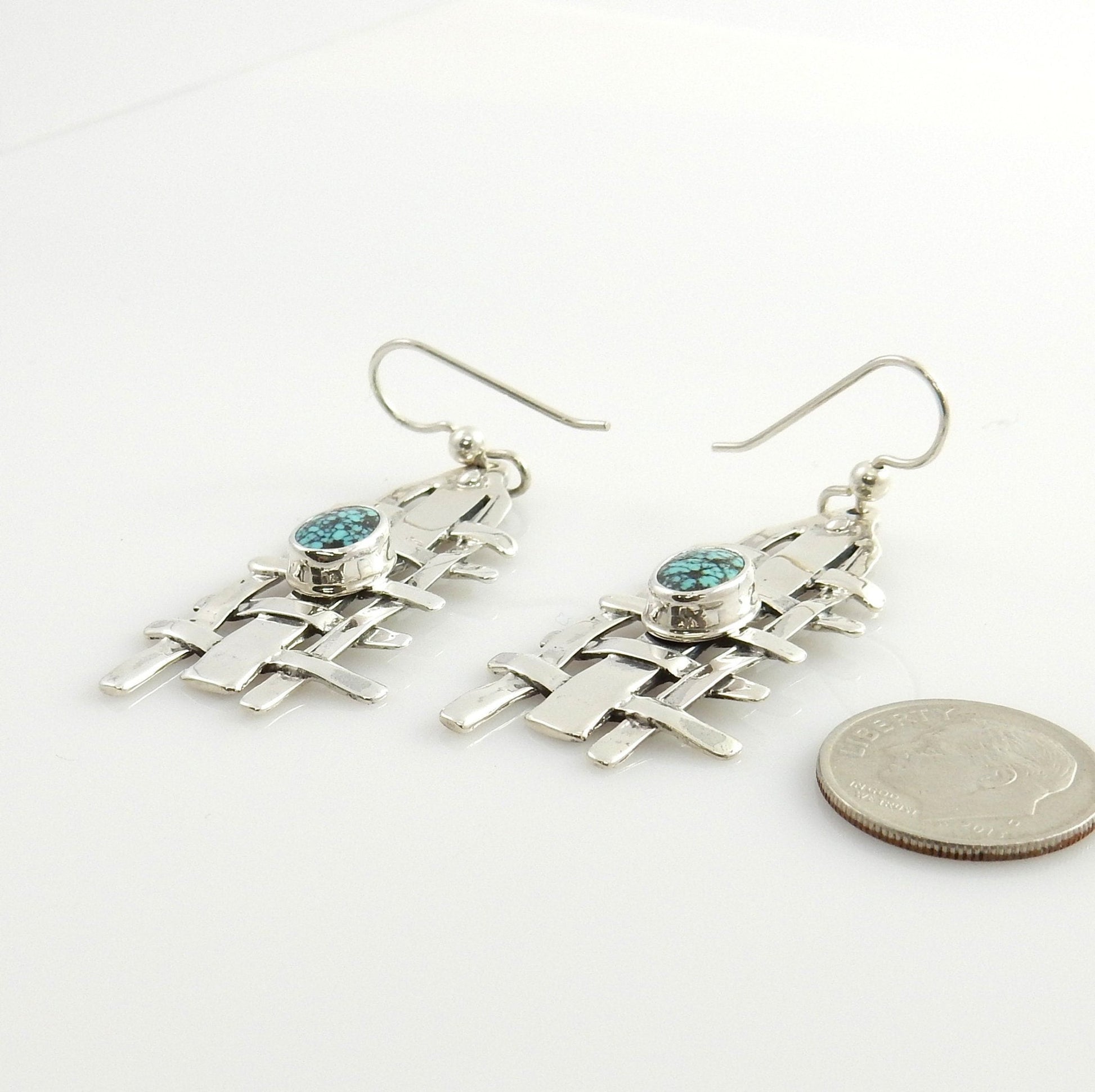 Sterling Silver Spiderweb Turquoise Weave Dangle Earrings - DeSantis