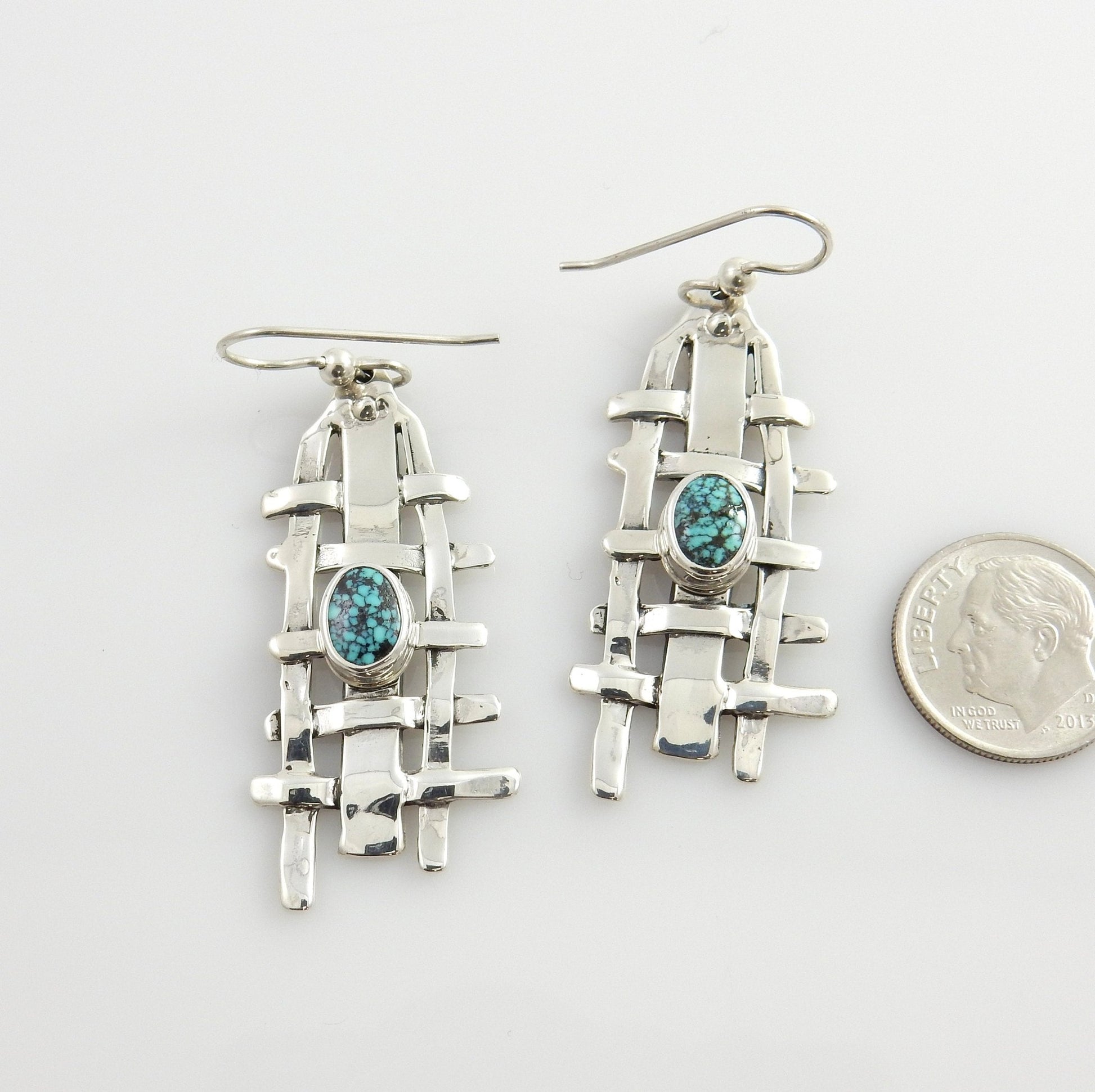 Sterling Silver Spiderweb Turquoise Weave Dangle Earrings - DeSantis
