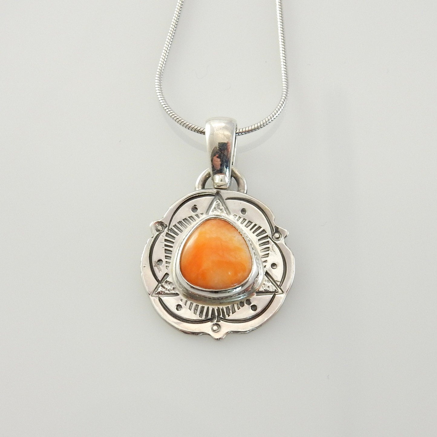 Sterling Silver Spiny Oyster Handmade Pendant, Beautiful silver spiny oyster drop stamped pendant, spiny oyster southwestern silver pendant - DeSantis