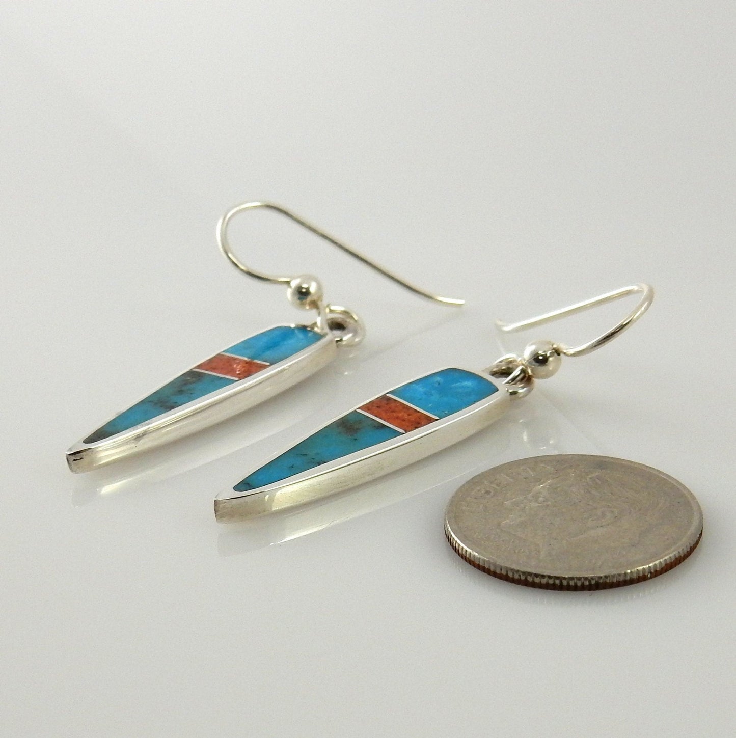 Sterling Silver Turquoise Coral Inlay Dangle Earrings - DeSantis