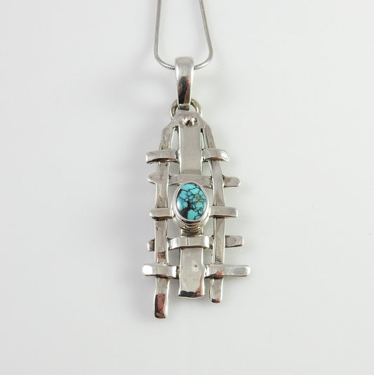 Sterling Silver turquoise handmade drop pendant, one of a kind weave blue turquoise pendant, spiderweb turquoise silver pendant - DeSantis