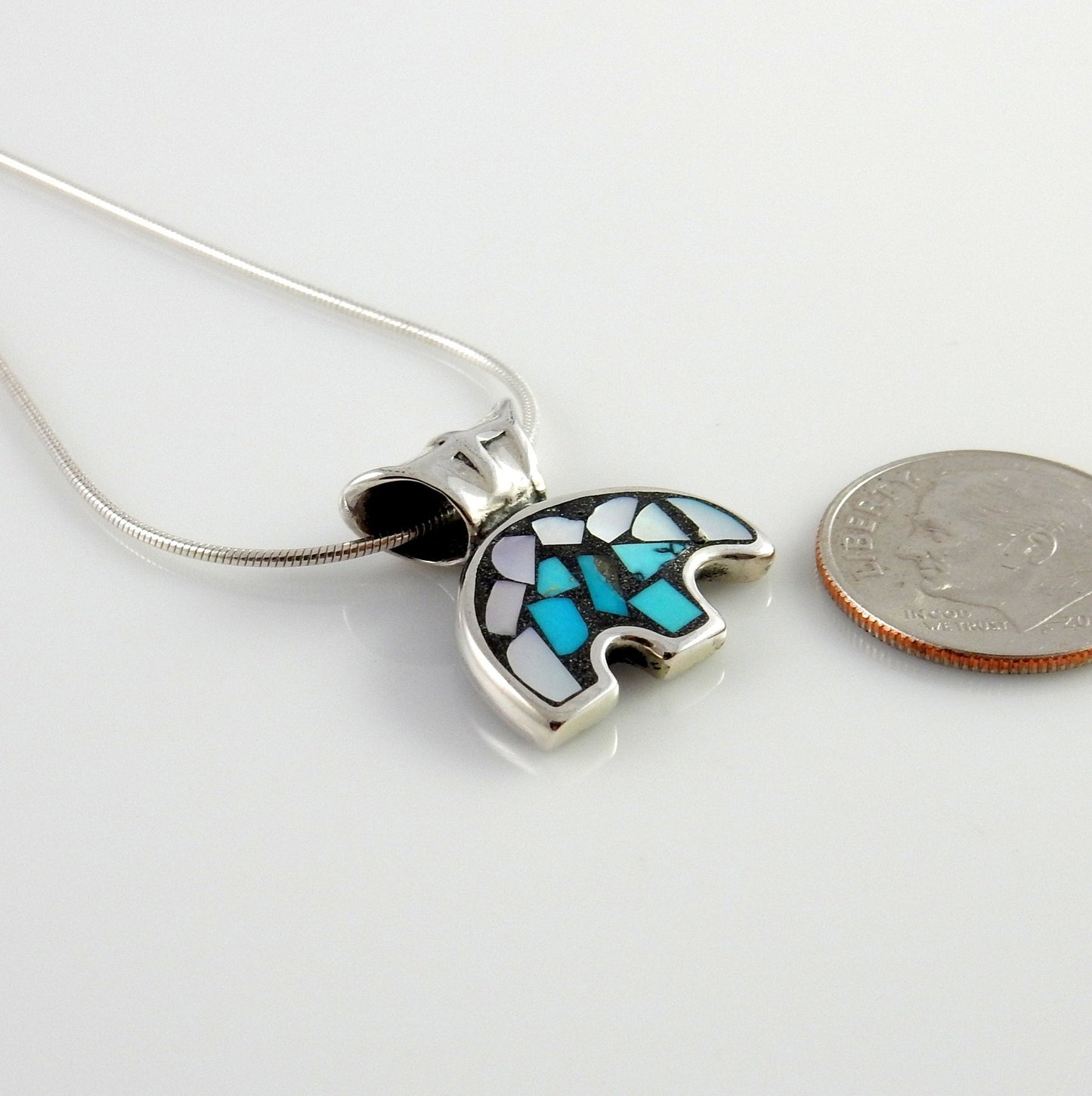 Sterling Silver Turquoise Mother of Pearl Mosaic Bear Pendant - DeSantis