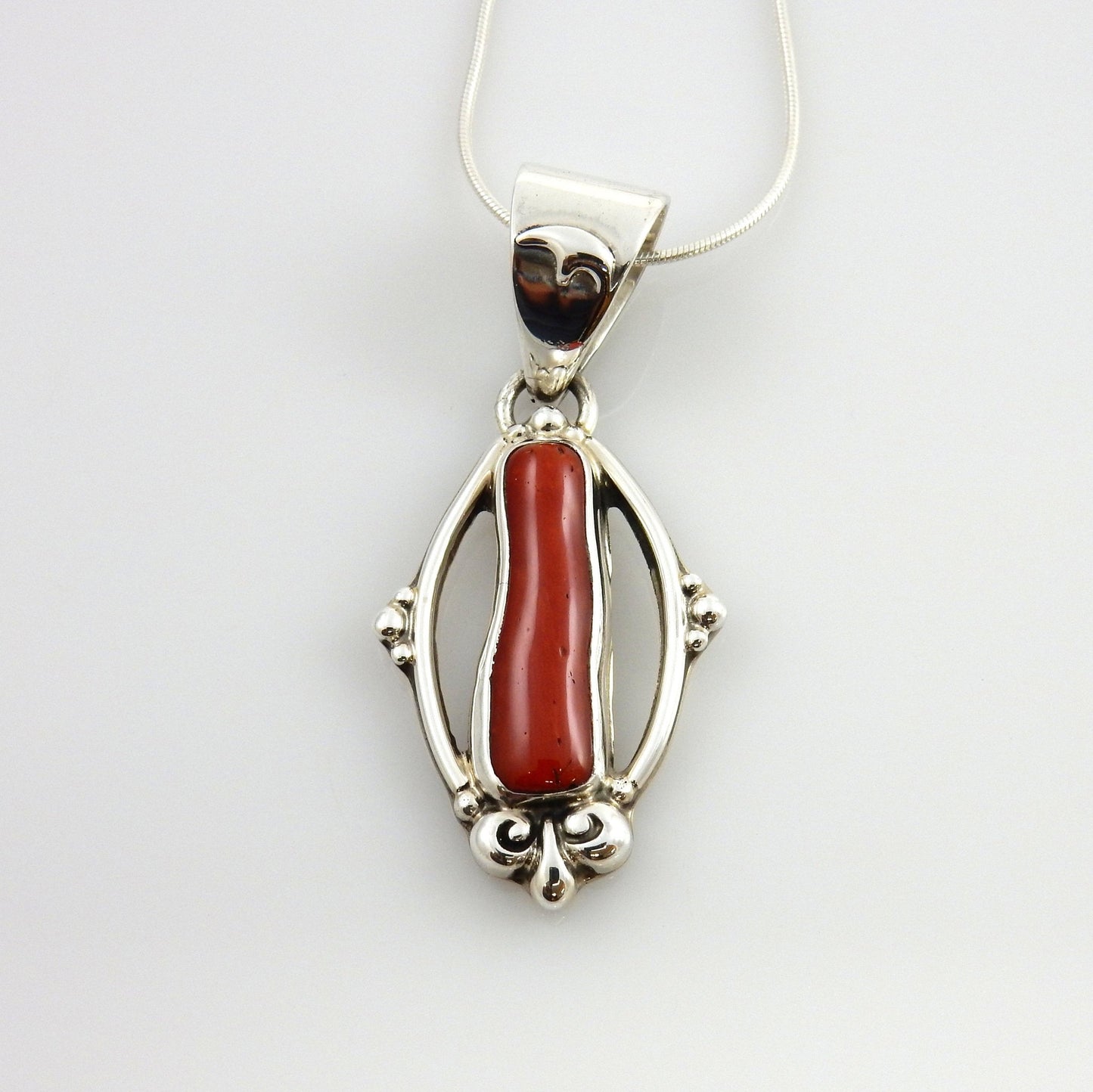 Unique One - of - a - kind Sterling Silver Italian Red Coral drop Bear Pendant w/ 18" snake chain - DeSantis