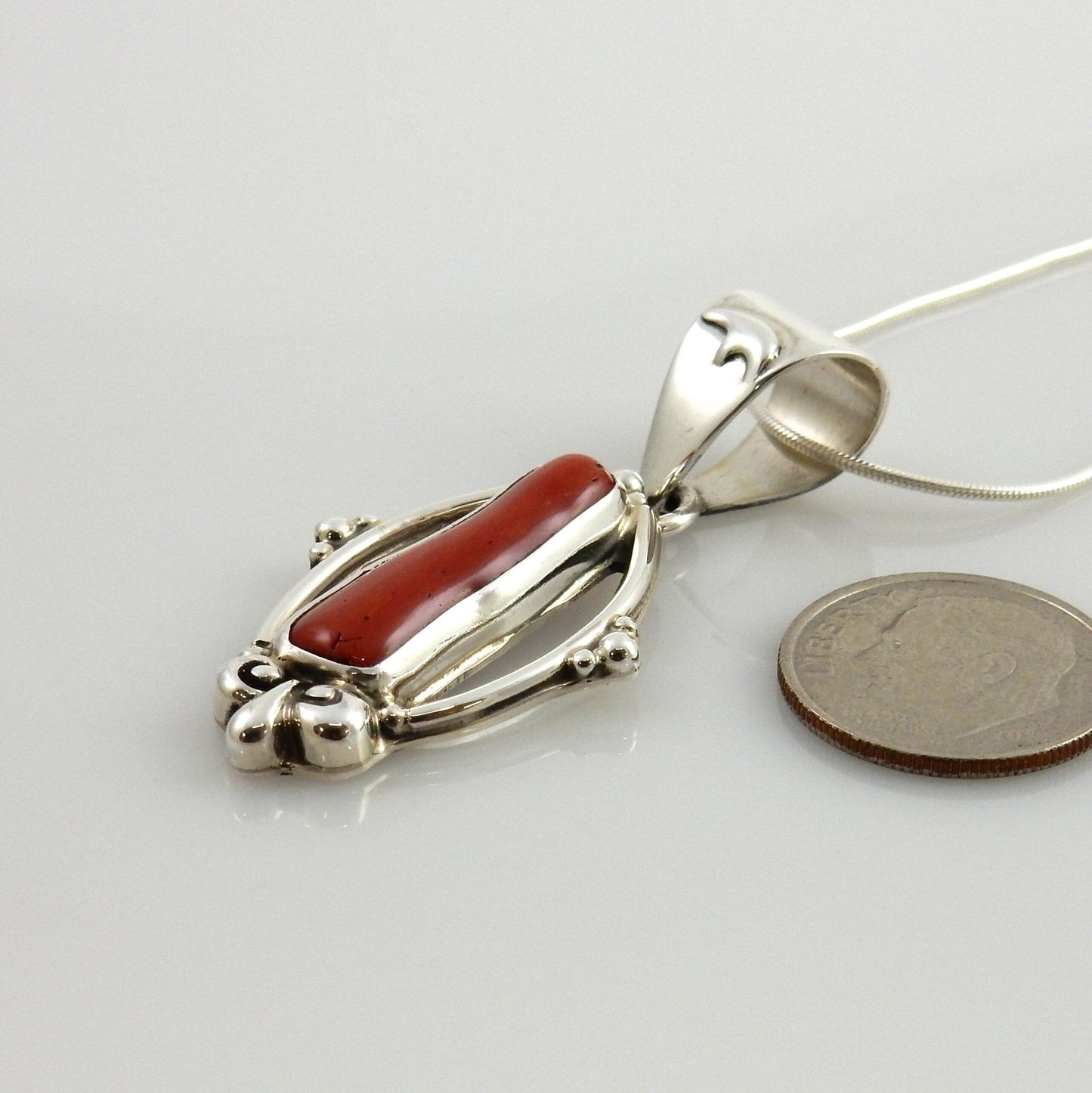 Unique One - of - a - kind Sterling Silver Italian Red Coral drop Bear Pendant w/ 18" snake chain - DeSantis