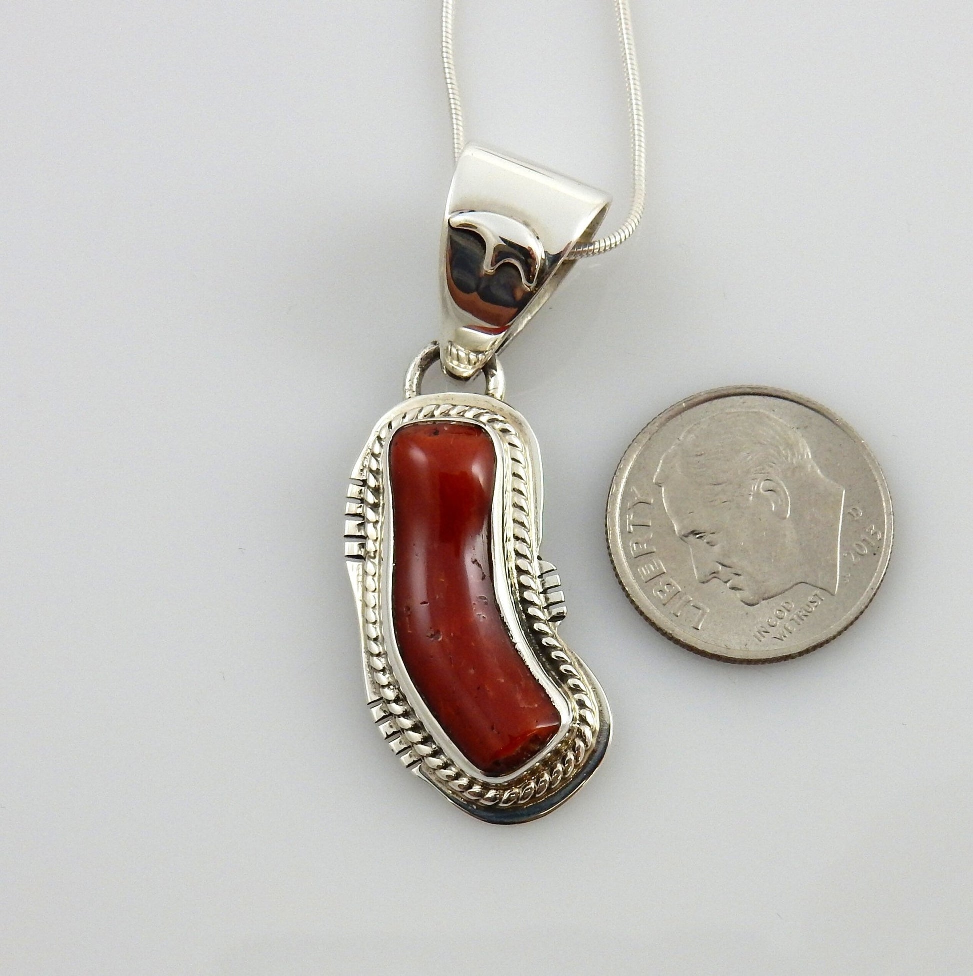 Unique One - of - a - kind Sterling Silver Italian Red Coral drop Pendant w/ 18" snake chain - DeSantis