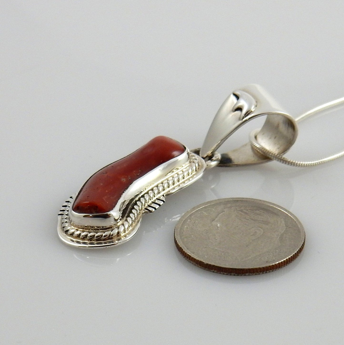 Unique One - of - a - kind Sterling Silver Italian Red Coral drop Pendant w/ 18" snake chain - DeSantis
