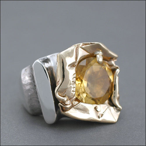 Unique two toned silver and gold citrine ring