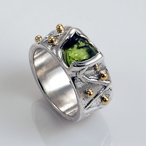Unique two toned silver and gold natural peridot ring