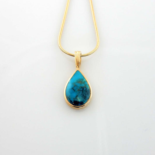 14kt Gold Blue Morenci Turquoise Inlay Teardrop Pendant - DeSantis