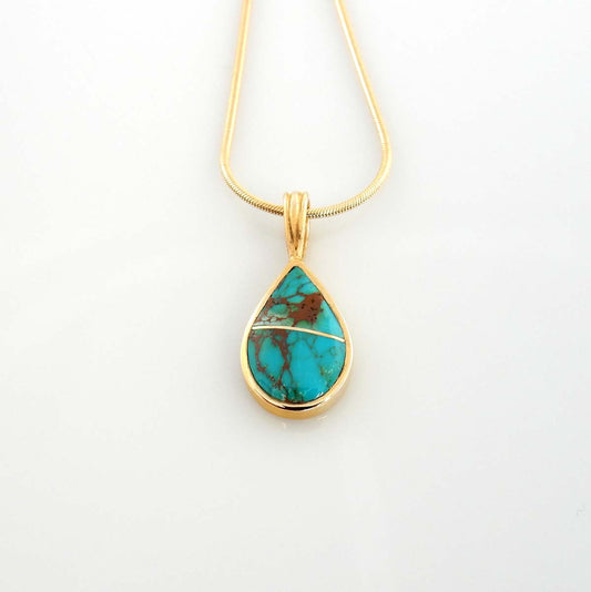 14kt Gold Blue Spiderweb Turquoise Inlay Teardrop Pendant - DeSantis
