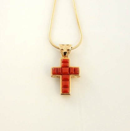 14kt Gold Natural Red Coral Inlay Cross Pendant - DeSantis