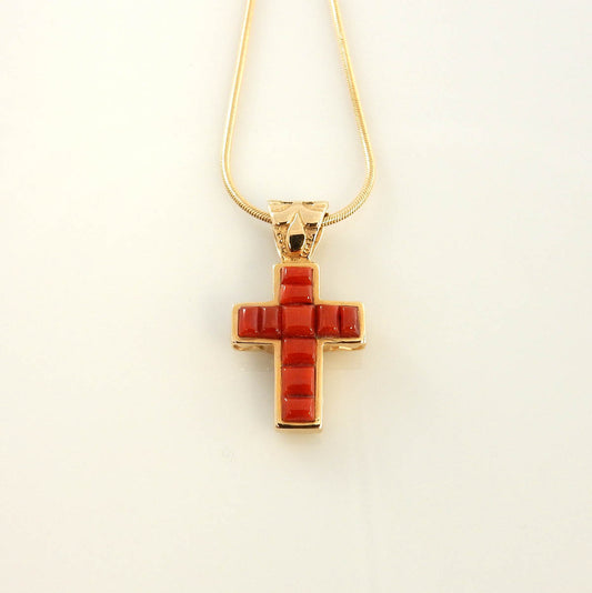 14kt Gold Natural Red Coral Inlay Cross Pendant - DeSantis