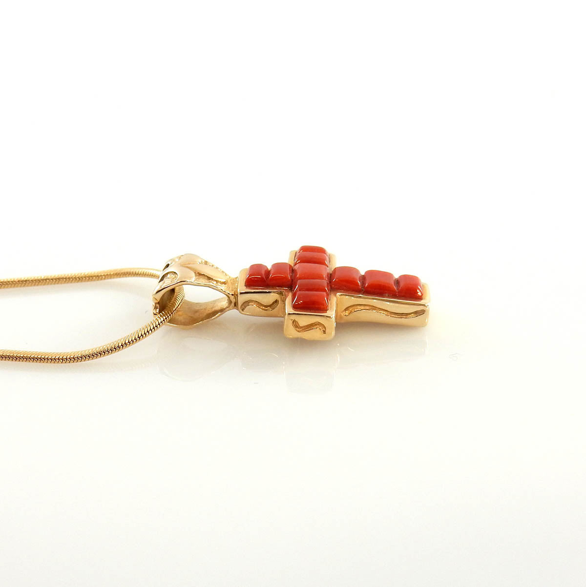 14kt Gold Natural Red Coral Inlay Cross Pendant - DeSantis