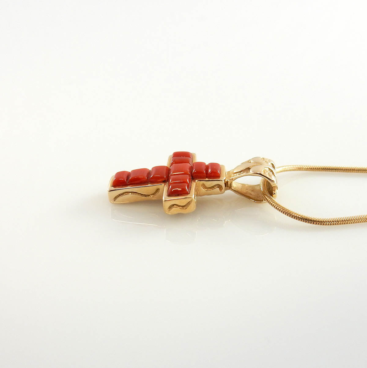 14kt Gold Natural Red Coral Inlay Cross Pendant - DeSantis