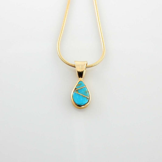 14kt Gold Sleeping Beauty Turquoise Teardrop Inlay Pendant - DeSantis