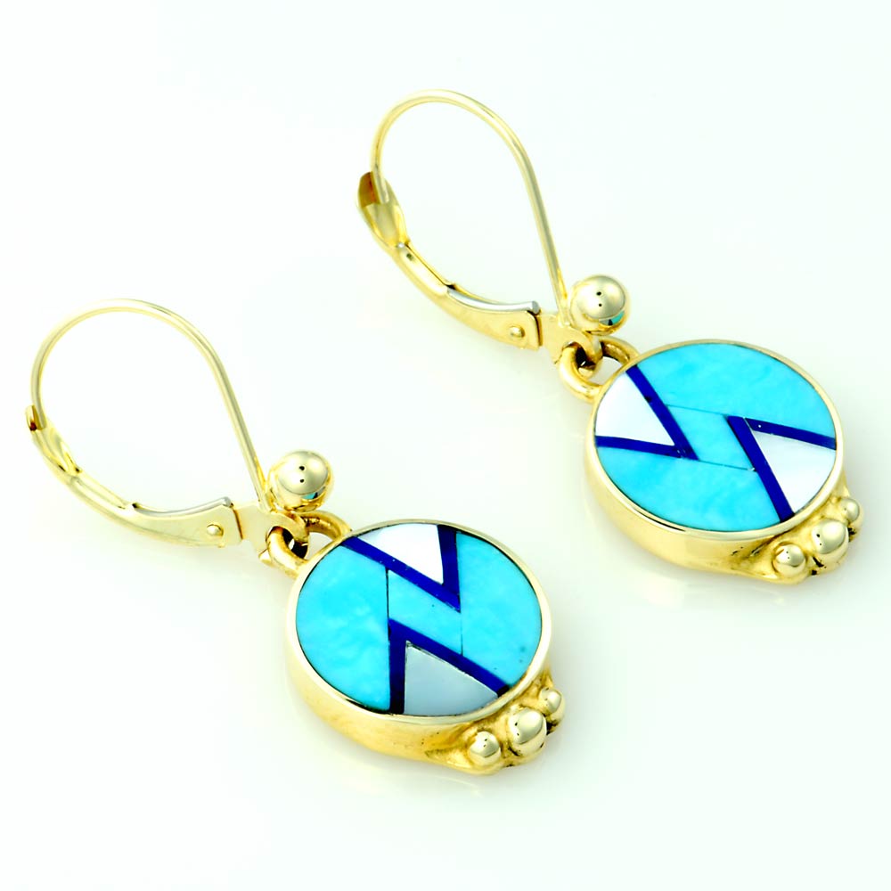 14kt Gold Turquoise Mother of Pearl Lapis Inlay Earrings - DeSantis