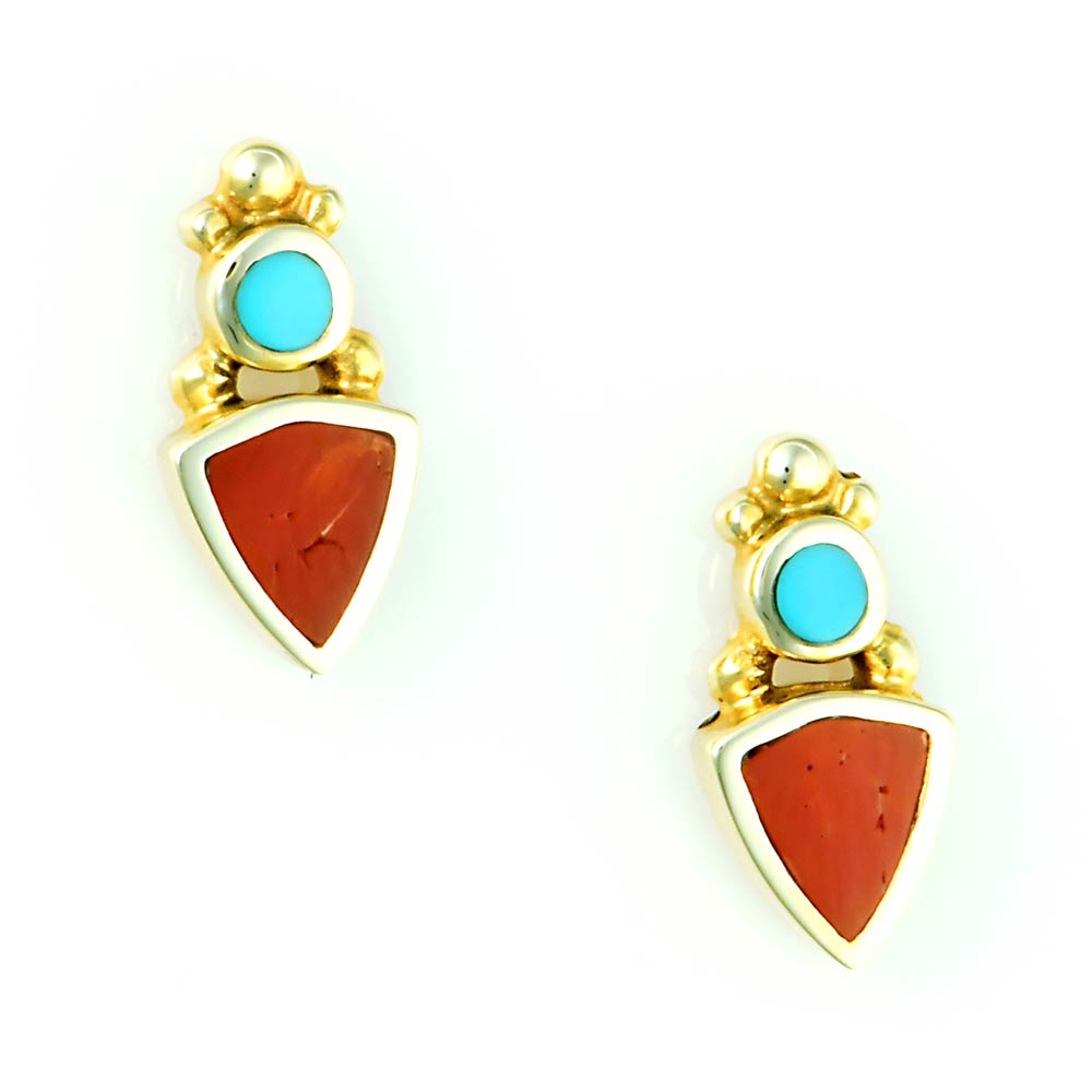 14kt Gold Turquoise Red Coral Inlay Earrings - DeSantis