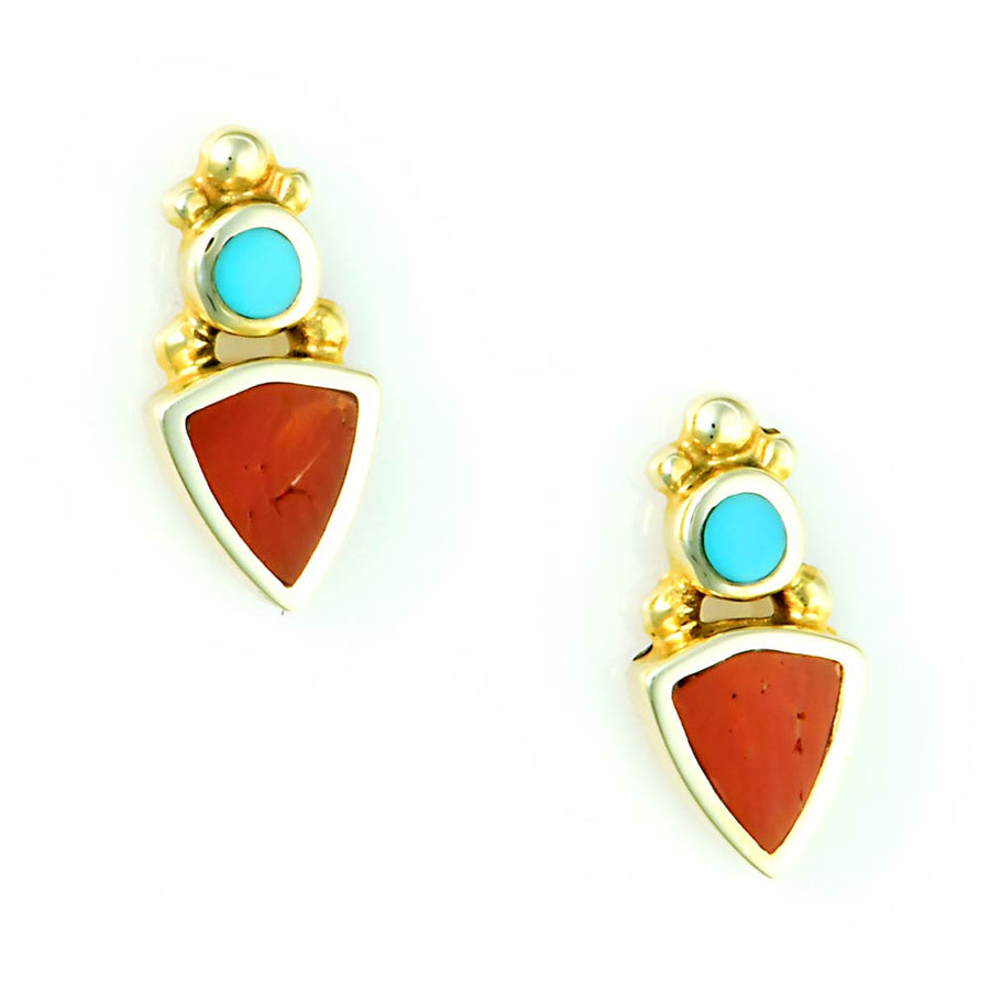 14kt Gold Turquoise Red Coral Inlay Earrings - DeSantis