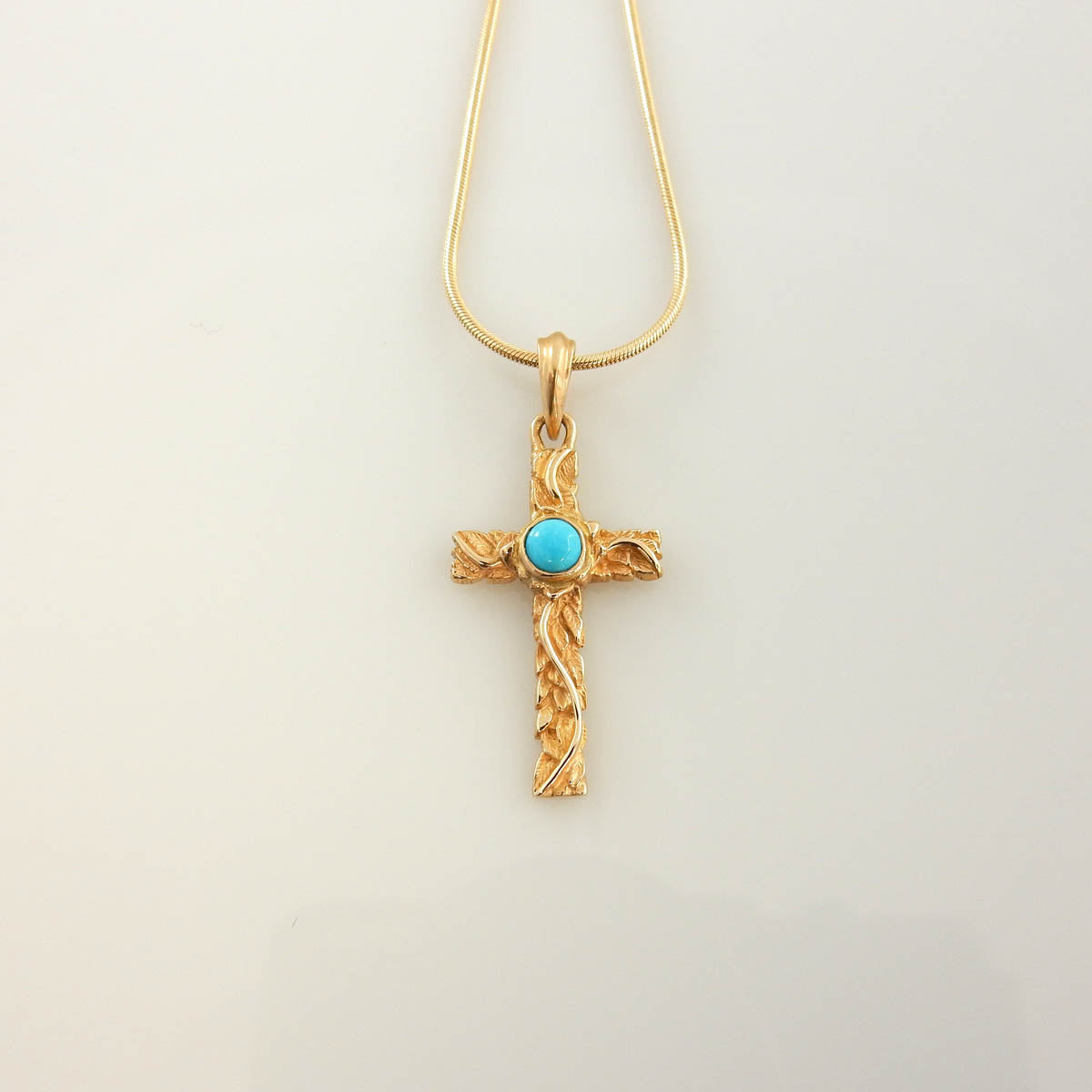 14kt Yellow Gold Blue Turquoise Inlay Cross Pendant - DeSantis