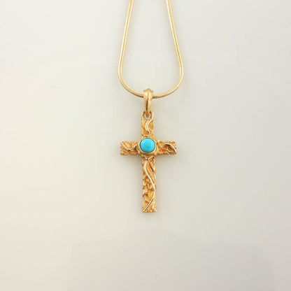 14kt Yellow Gold Blue Turquoise Inlay Cross Pendant - DeSantis