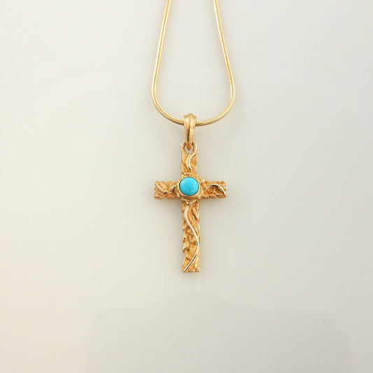 14kt Yellow Gold Blue Turquoise Inlay Cross Pendant - DeSantis