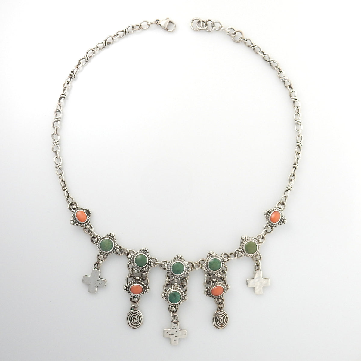 17" Inch Handmade Sterling Silver Turquoise Coral Adjustable Necklace - DeSantis