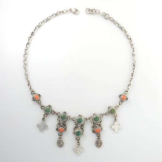 17" Inch Handmade Sterling Silver Turquoise Coral Adjustable Necklace - DeSantis