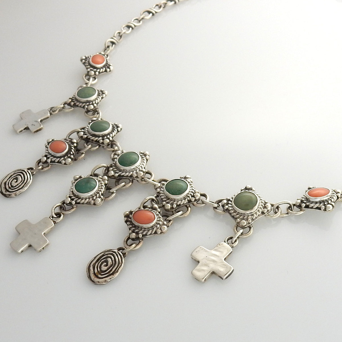 17" Inch Handmade Sterling Silver Turquoise Coral Adjustable Necklace - DeSantis