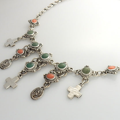 17" Inch Handmade Sterling Silver Turquoise Coral Adjustable Necklace - DeSantis