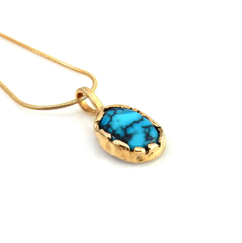 14kt Gold Blue Spiderweb Turquoise Pendant