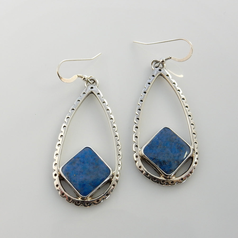 Sterling Silver Denim Lapis Dangle Teardrop Earrings