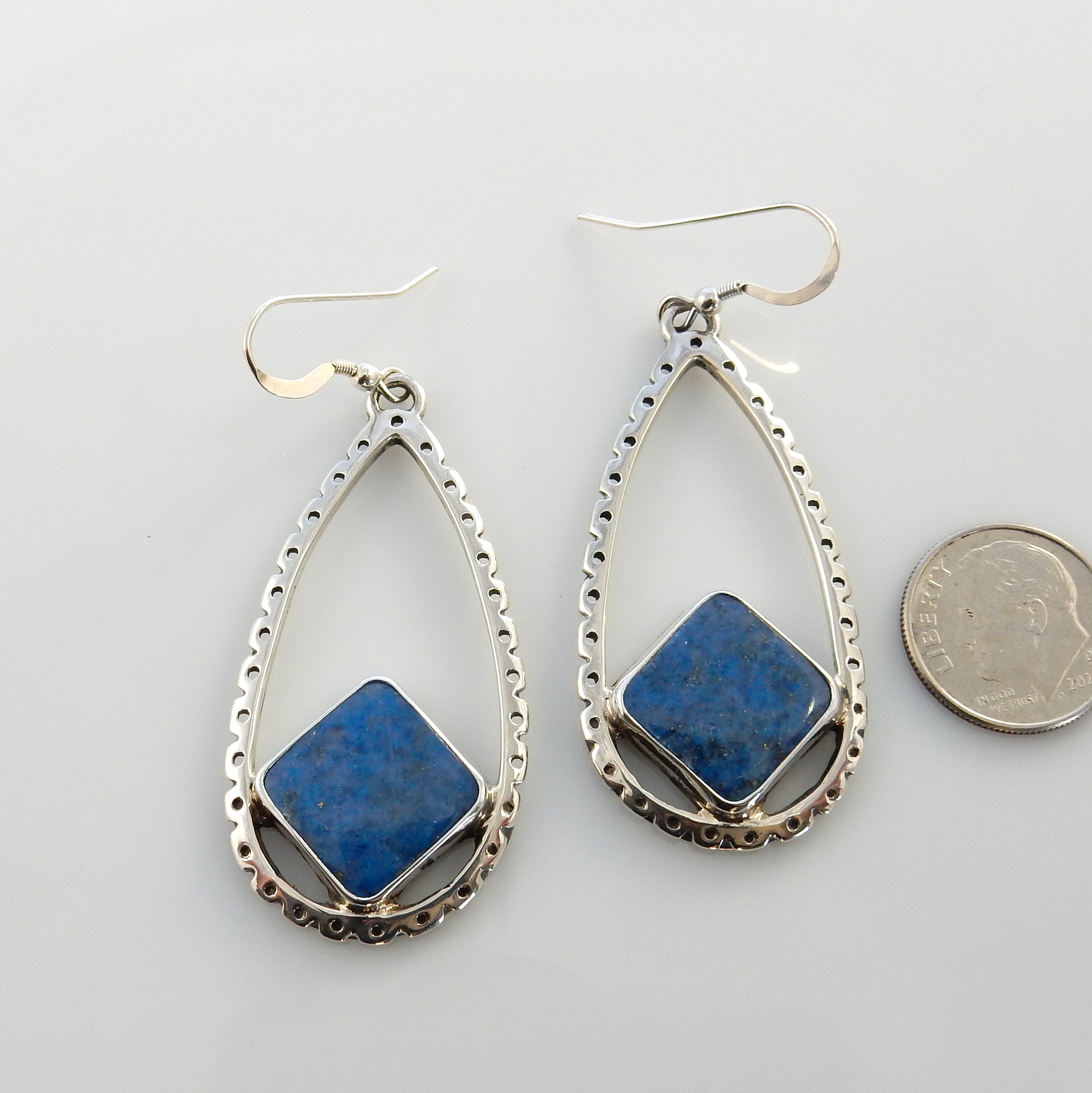 Sterling Silver Denim Lapis Dangle Teardrop Earrings