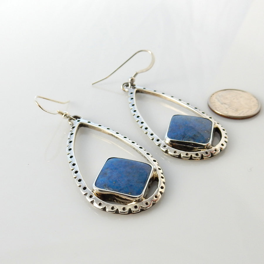 Sterling Silver Denim Lapis Dangle Teardrop Earrings