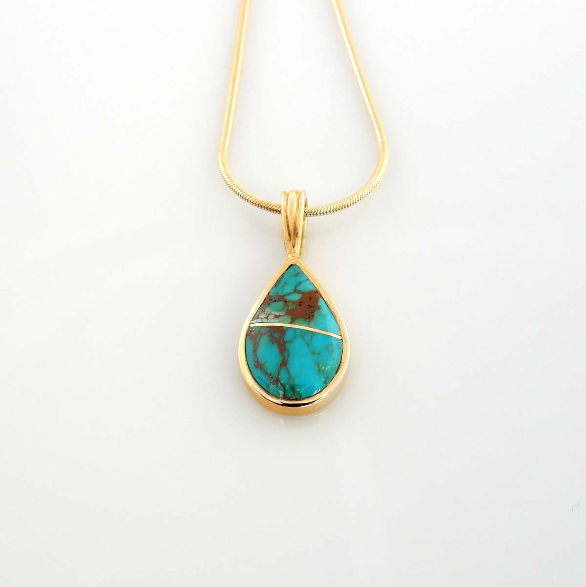 14kt Gold Blue Spiderweb Turquoise Inlay Teardrop Pendant - DeSantis