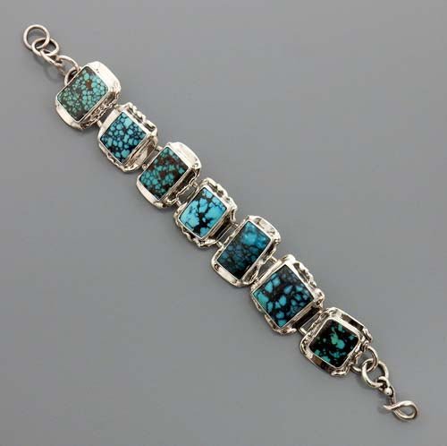 Adjustable Handmade Sterling Silver Spider Web Turquoise Link Bracelet - DeSantis