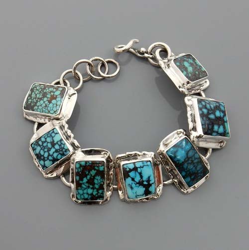 Adjustable Handmade Sterling Silver Spider Web Turquoise Link Bracelet - DeSantis