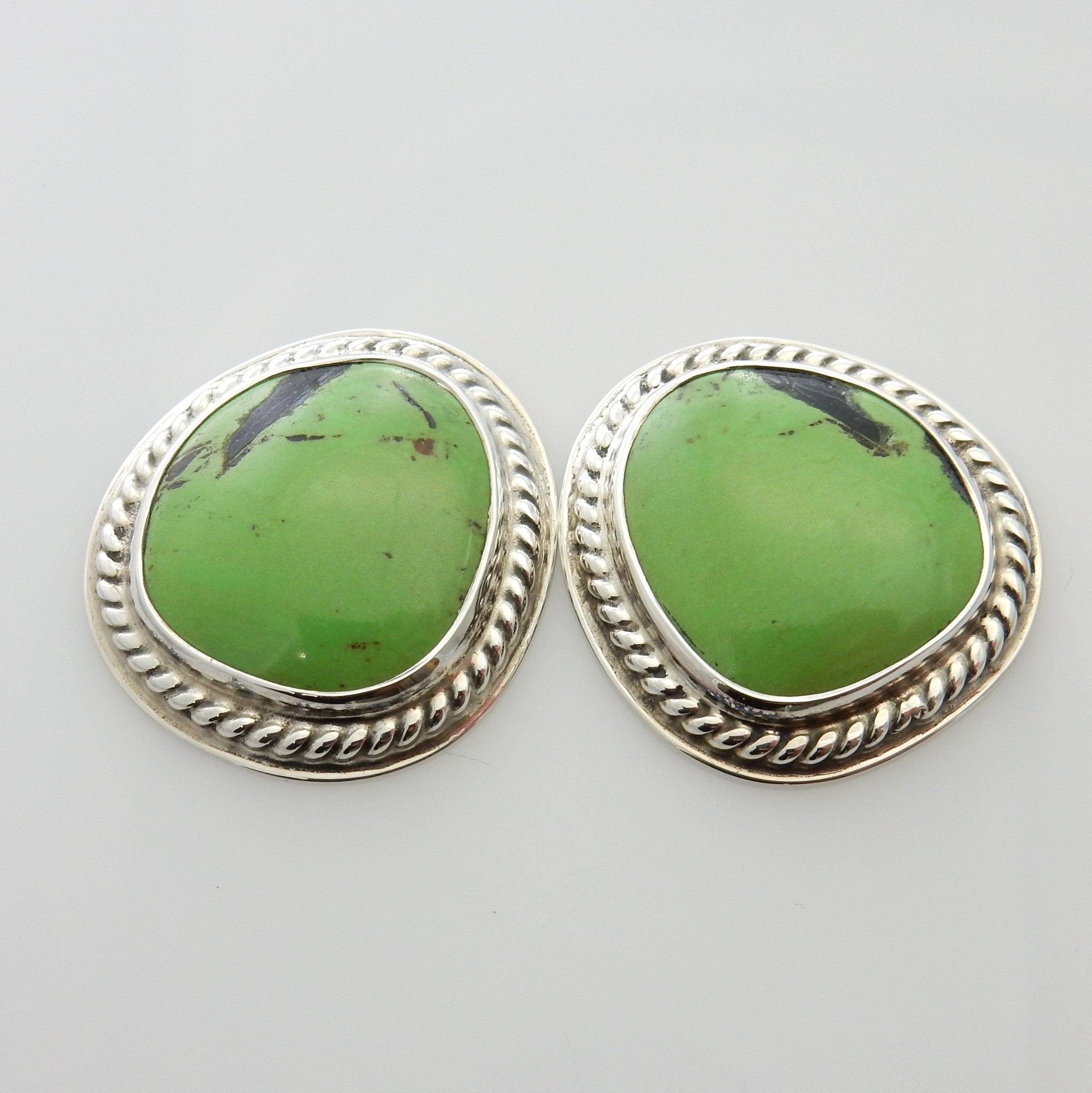 Beautiful Sterling Silver Green Gaspeite Post Earrings, Silver Handmade Gaspeite Earrings, Unique Southwestern Silver Gaspeite Post Earrings - DeSantis