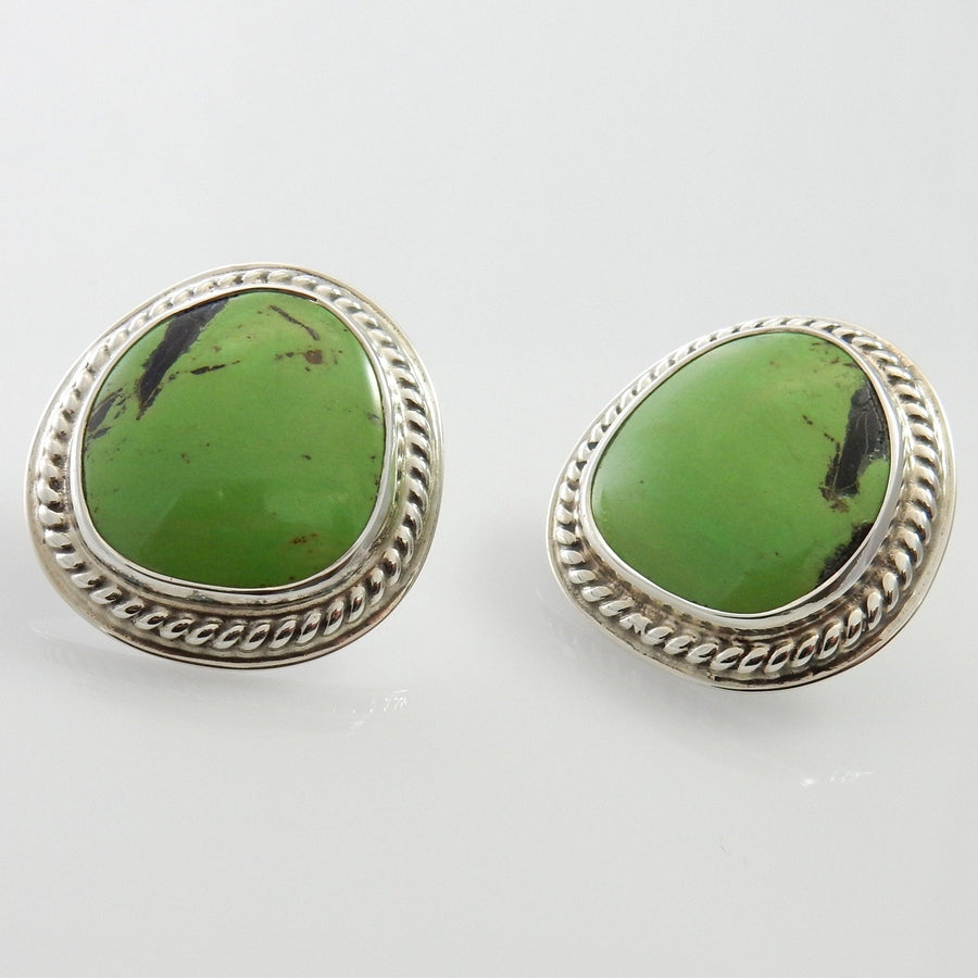 Beautiful Sterling Silver Green Gaspeite Post Earrings, Silver Handmade Gaspeite Earrings, Unique Southwestern Silver Gaspeite Post Earrings - DeSantis